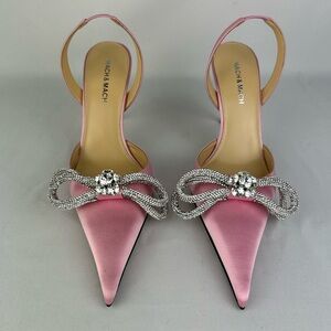 Mach & Mach RARE Double Bow Crystal-embellished Pink Satin Slingback Heels